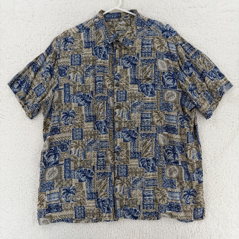 Batk Bay Shirt Mens XXL Blue Tan Hawaiian Aloha Rayon Button‎ Front Tropical